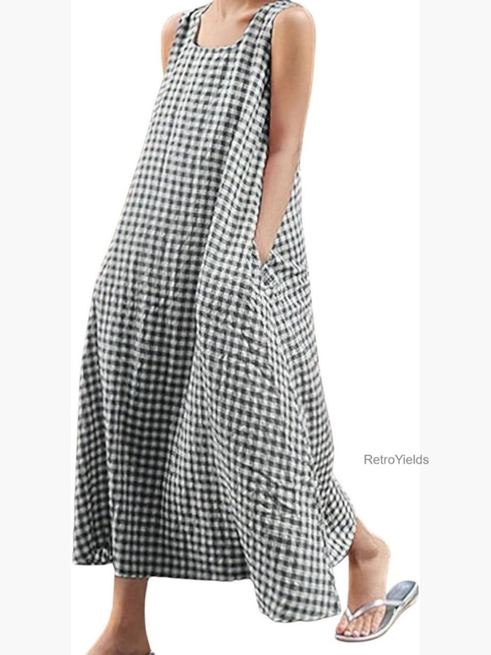 Cotton Linen Tank Maxi Dress with Pockets Plaid Boho - Picture 1 of 5